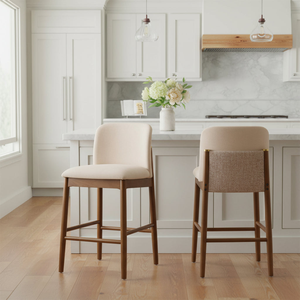 [variant:N897P439494W] Upholstered Walnut Counter Stools – Sets of 2 or 4 – Beige,Walnut image 1