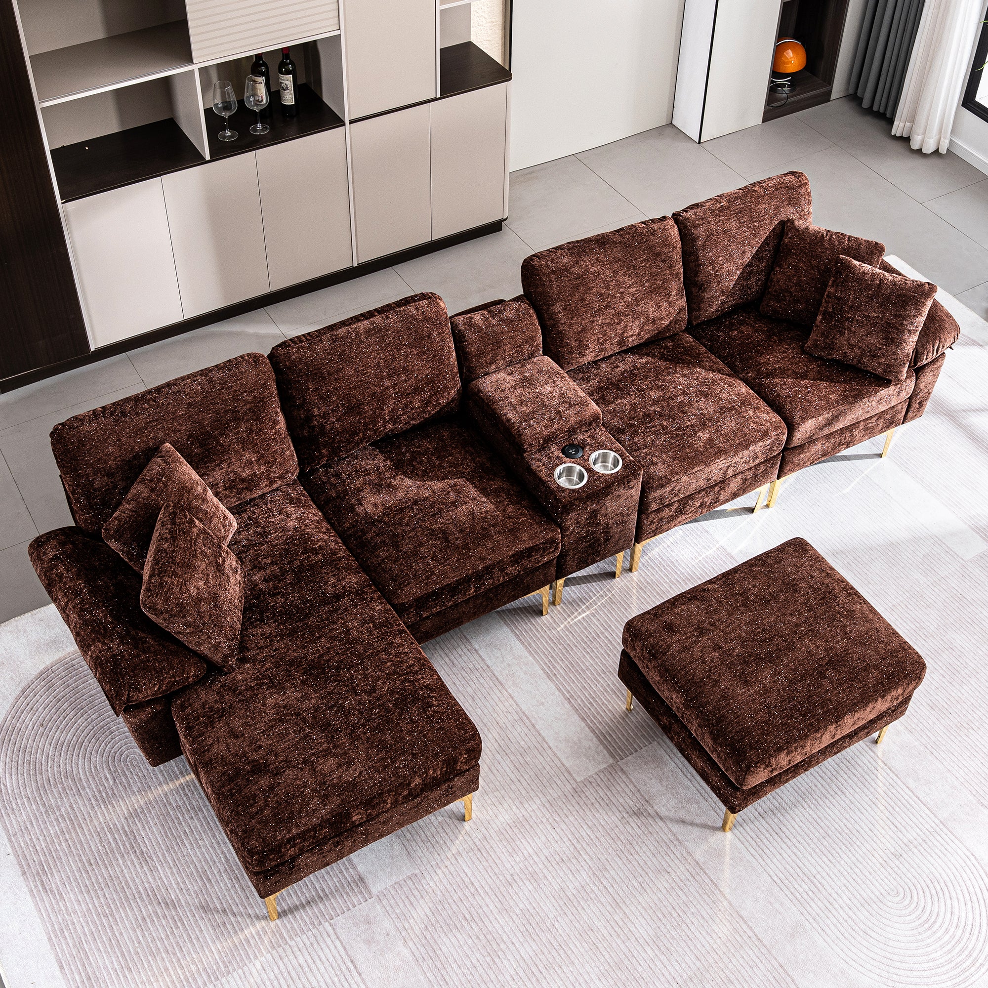 [variant:W3885S00059] U-Shaped Chenille Sectional Sofa with Recliner and Ottoman image 1
