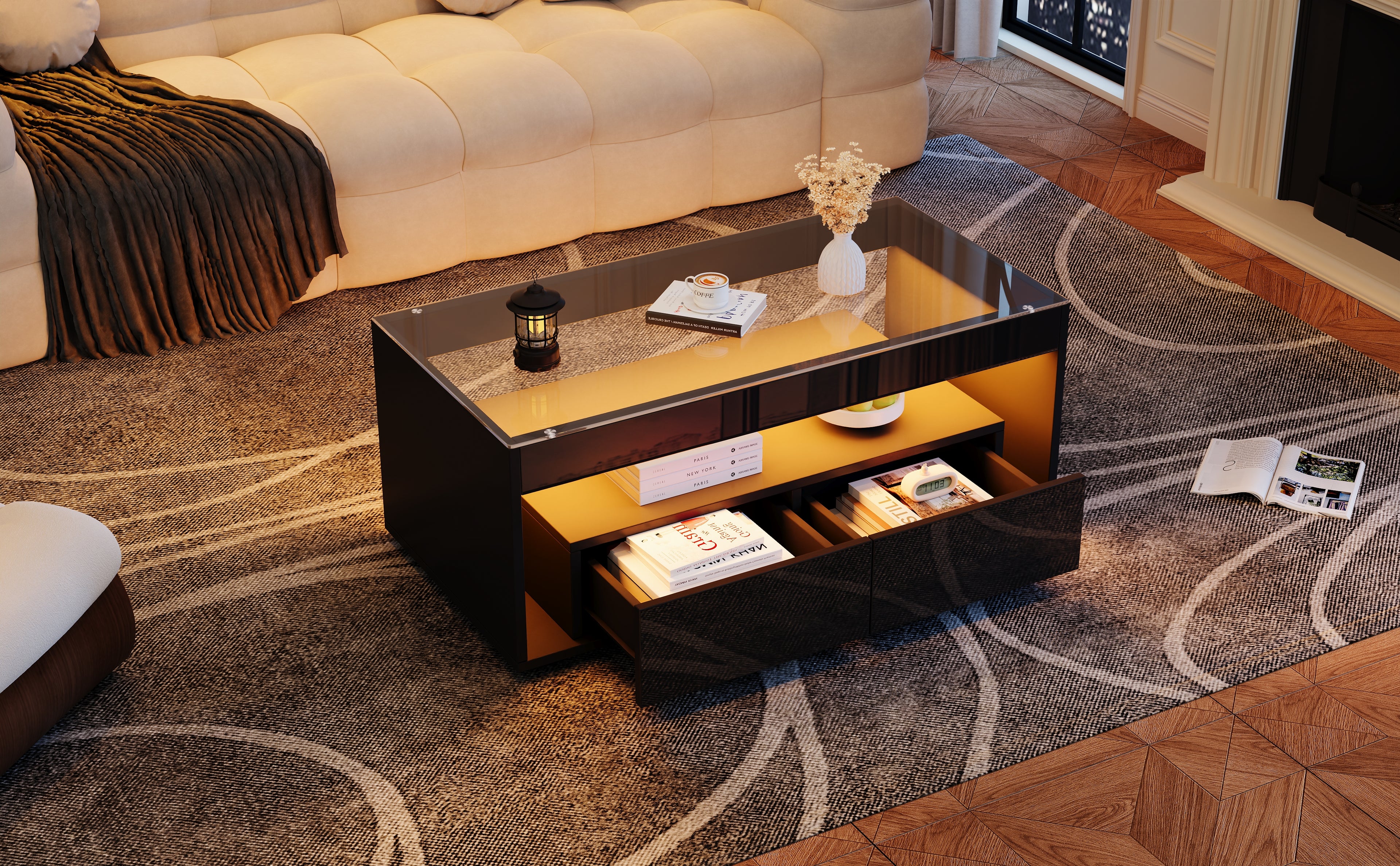 [variant:N892P428787B] High-Gloss LED Coffee Table with Glass Top and Drawers image 40