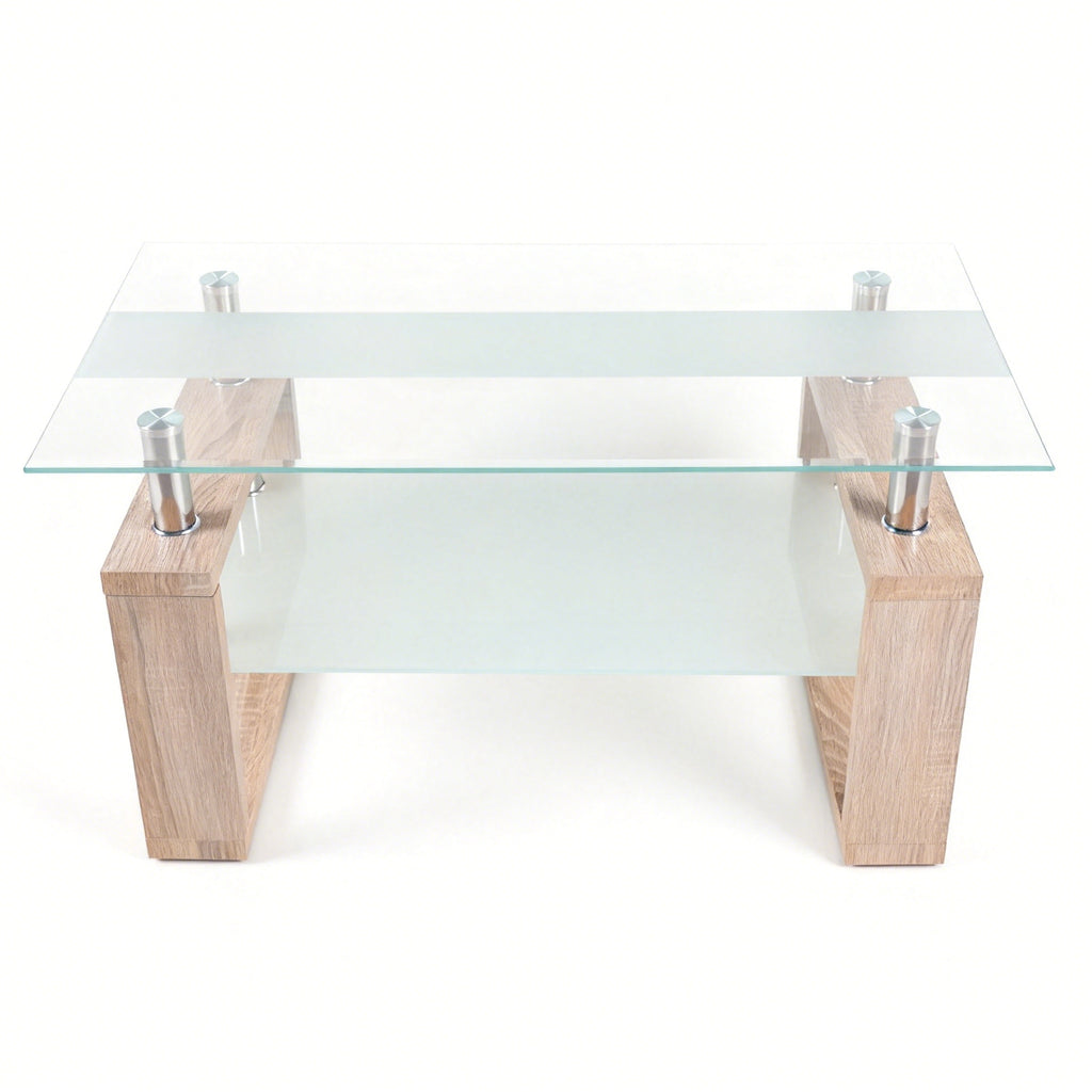 2-Tier Rectangular Tempered Glass Coffee Table — [variant:W3738P499156] Natural,Transparent image 8