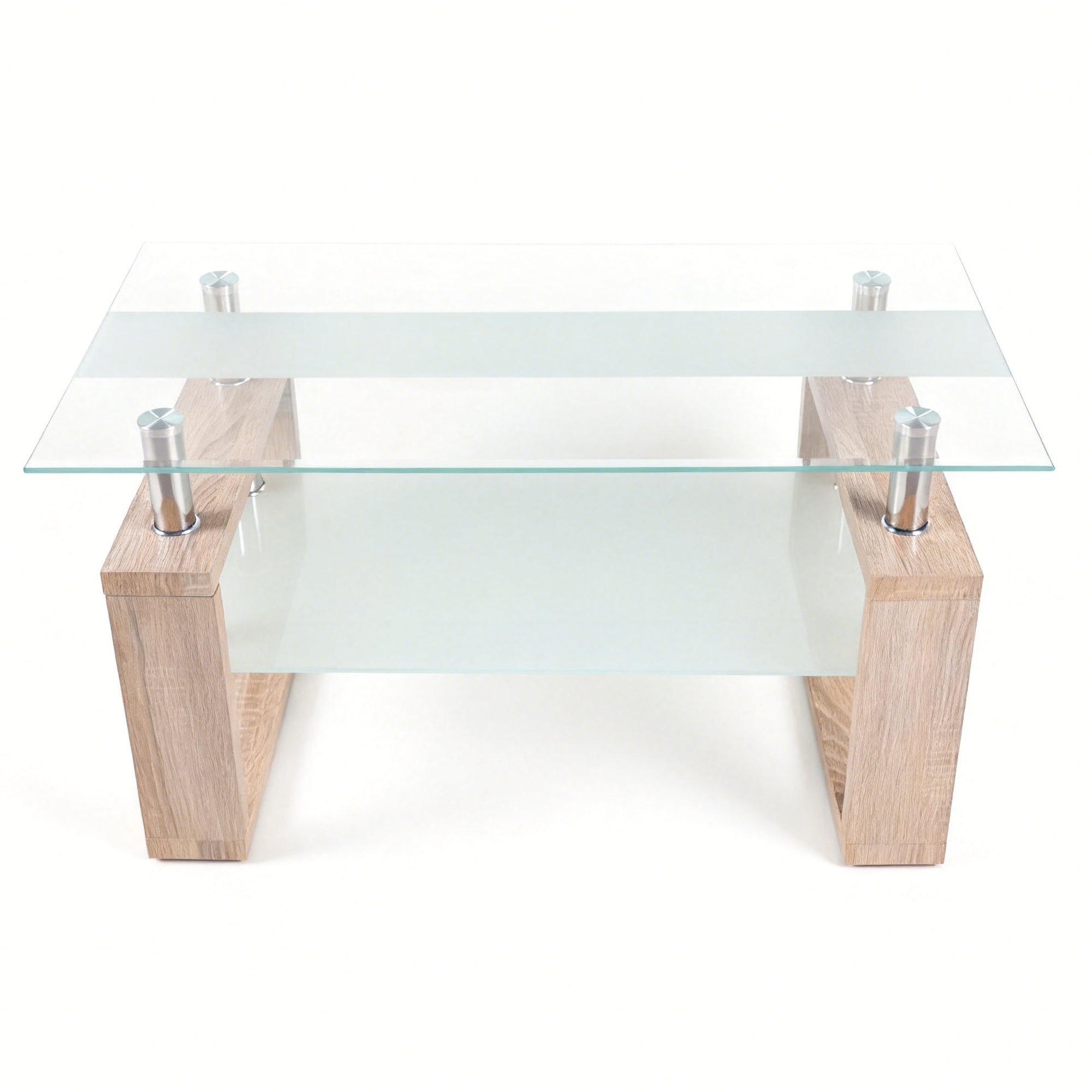 2-Tier Rectangular Tempered Glass Coffee Table — [variant:W3738P499156] Natural,Transparent image 8