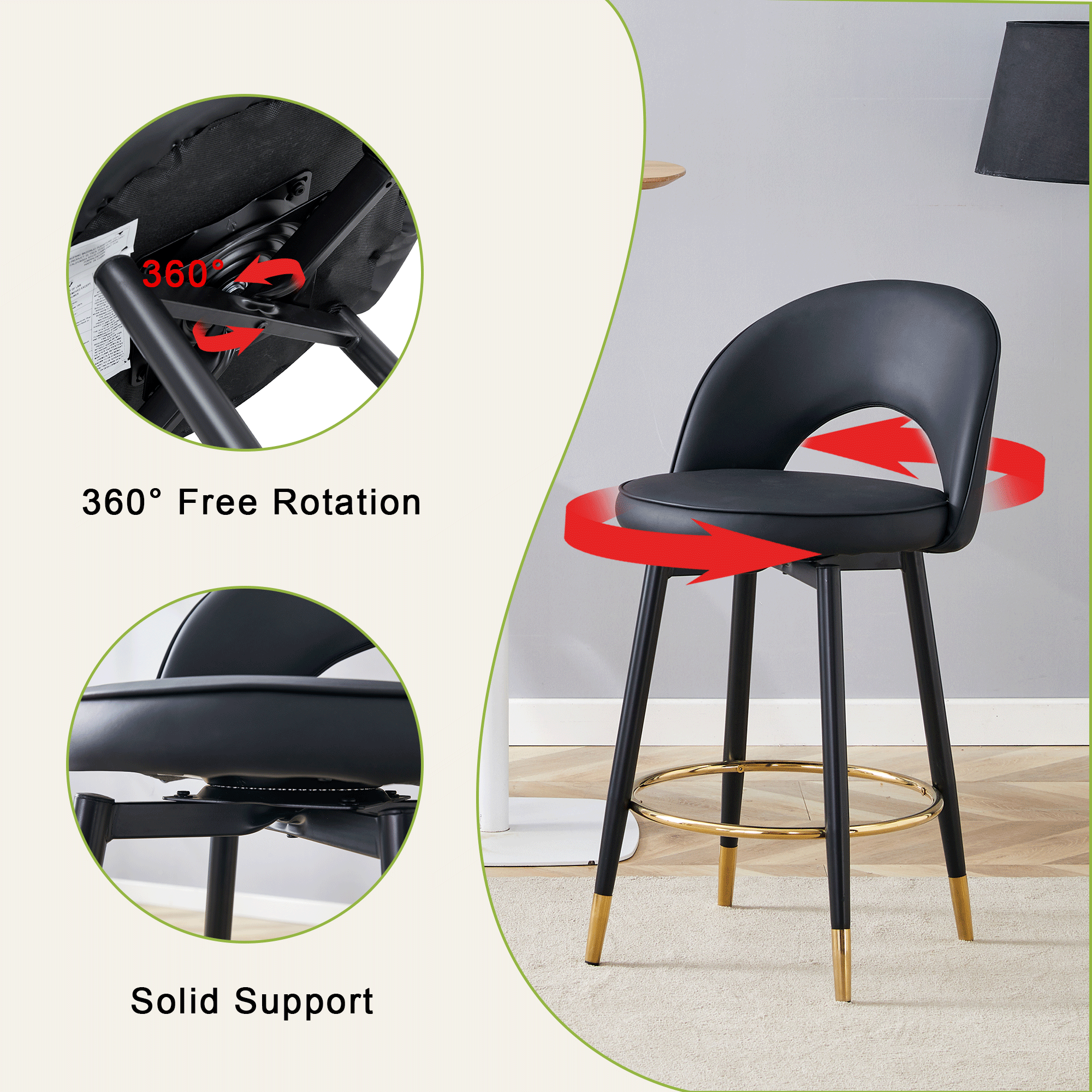 [variant:W3806P404776] 360° Swivel PU Leather Bar Stools – Set of 2 image 6
