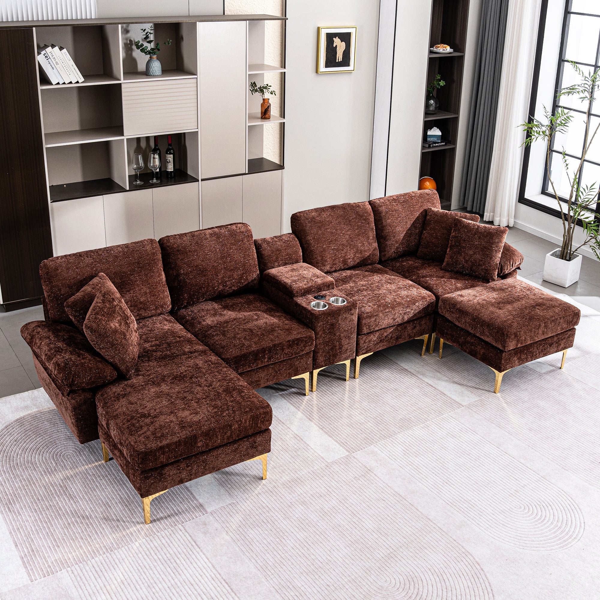 [variant:W3885S00059] U-Shaped Chenille Sectional Sofa with Recliner and Ottoman image 6