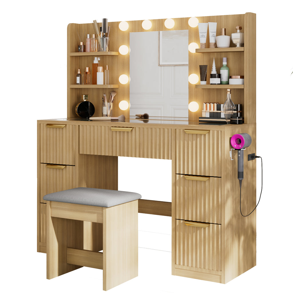 [variant:N881S436333N] Fluted 7-Drawer Vanity Desk with LED Mirror and Stool image 18