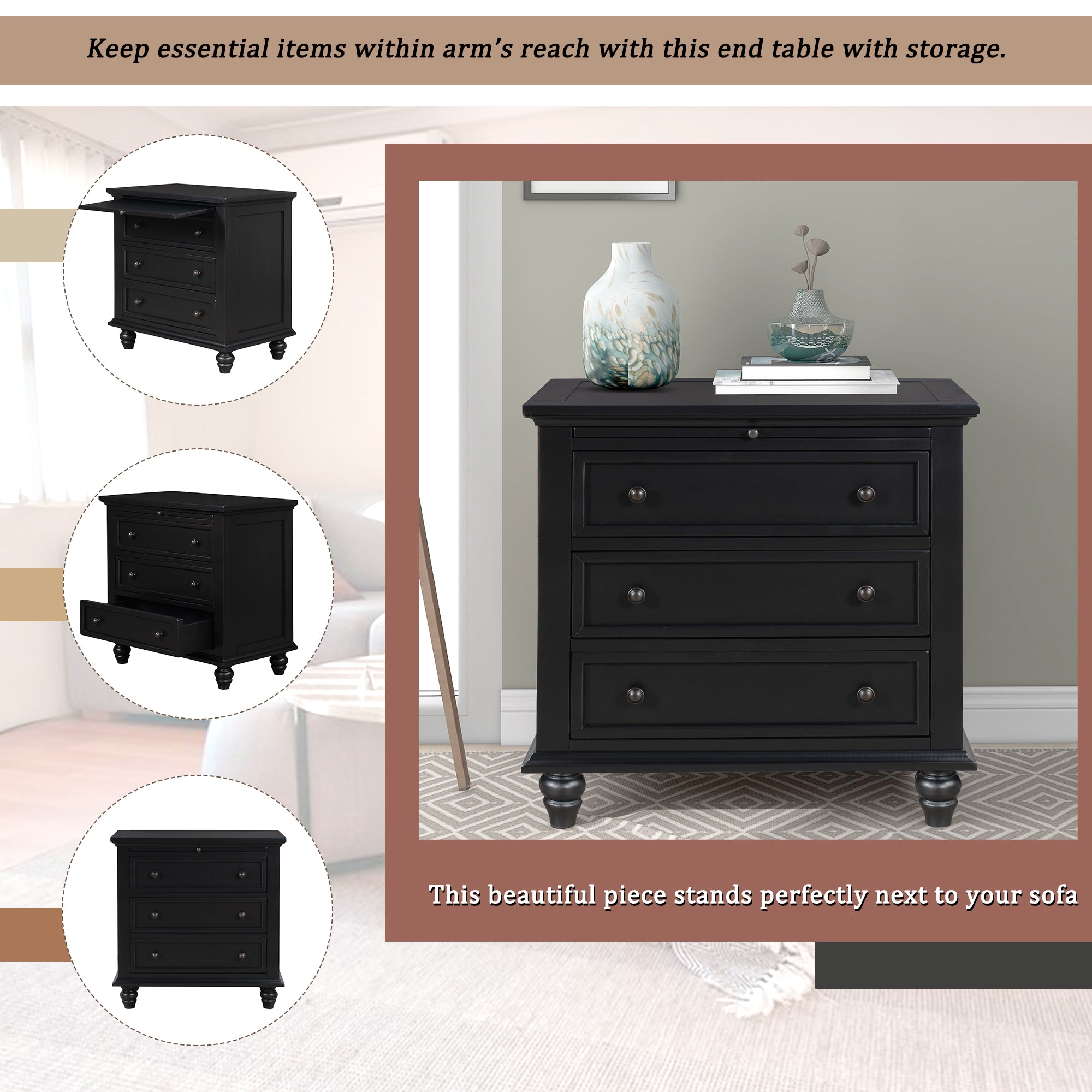 3-Drawer Nightstand with Pull-Out Tray – 27.6-Inch — [variant:N889P444139B] Black image 3