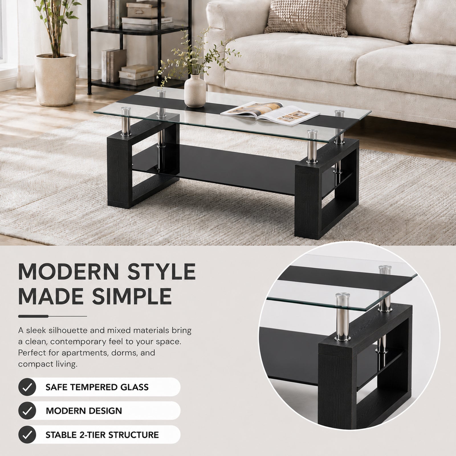 2-Tier Rectangular Tempered Glass Coffee Table — [variant:W3738P499155] Black image 2