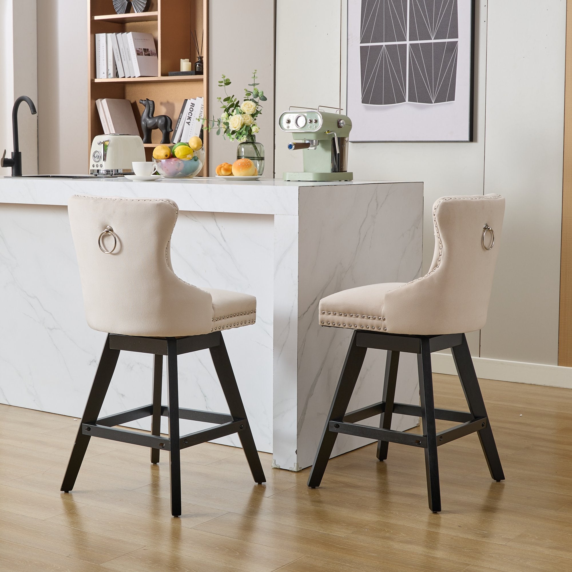 [variant:W5755P512968] Set of 2 Beige Velvet Swivel Bar Stools image 23
