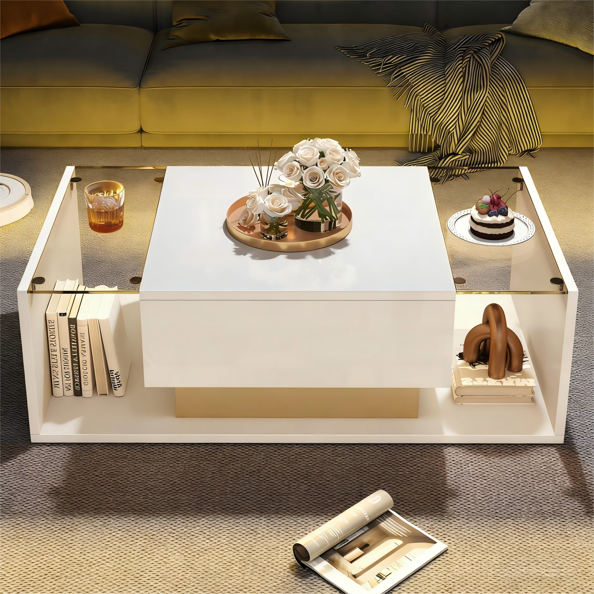 [variant:N892P423295W] High-Gloss LED Coffee Table with Drawer and Glass Top image 2