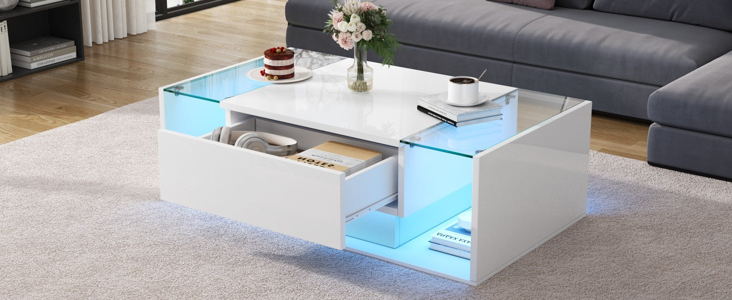 [variant:N892P423295W] High-Gloss LED Coffee Table with Drawer and Glass Top image 17