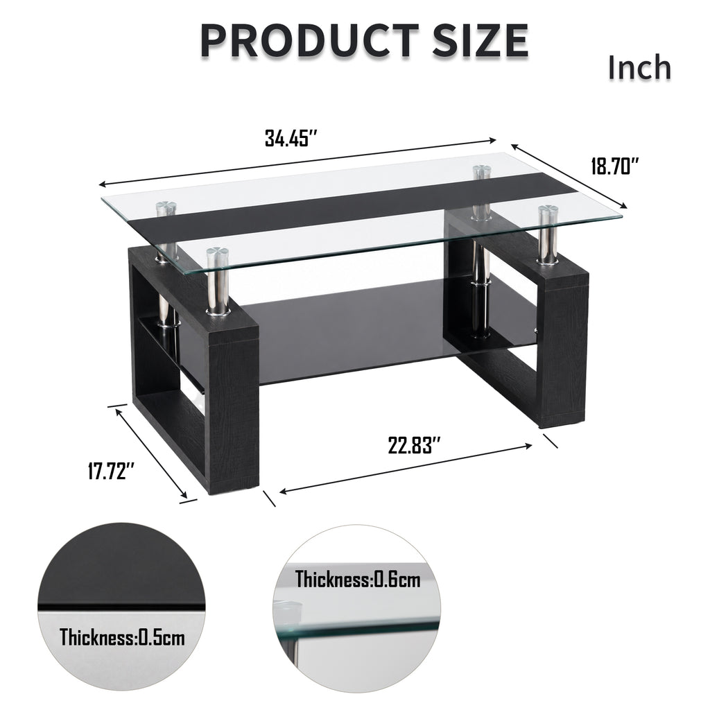 2-Tier Rectangular Tempered Glass Coffee Table — [variant:W3738P499155] Black image 7