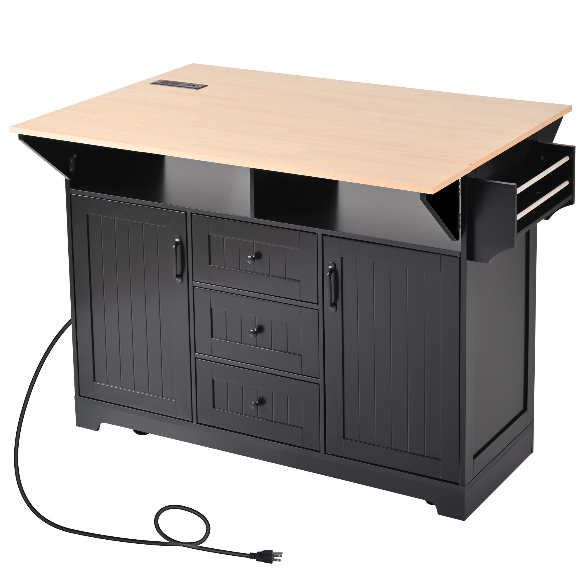[variant:N853S000006B] Dual-Drop-Leaf Rolling Kitchen Island – Black, 55.75-Inch image 3