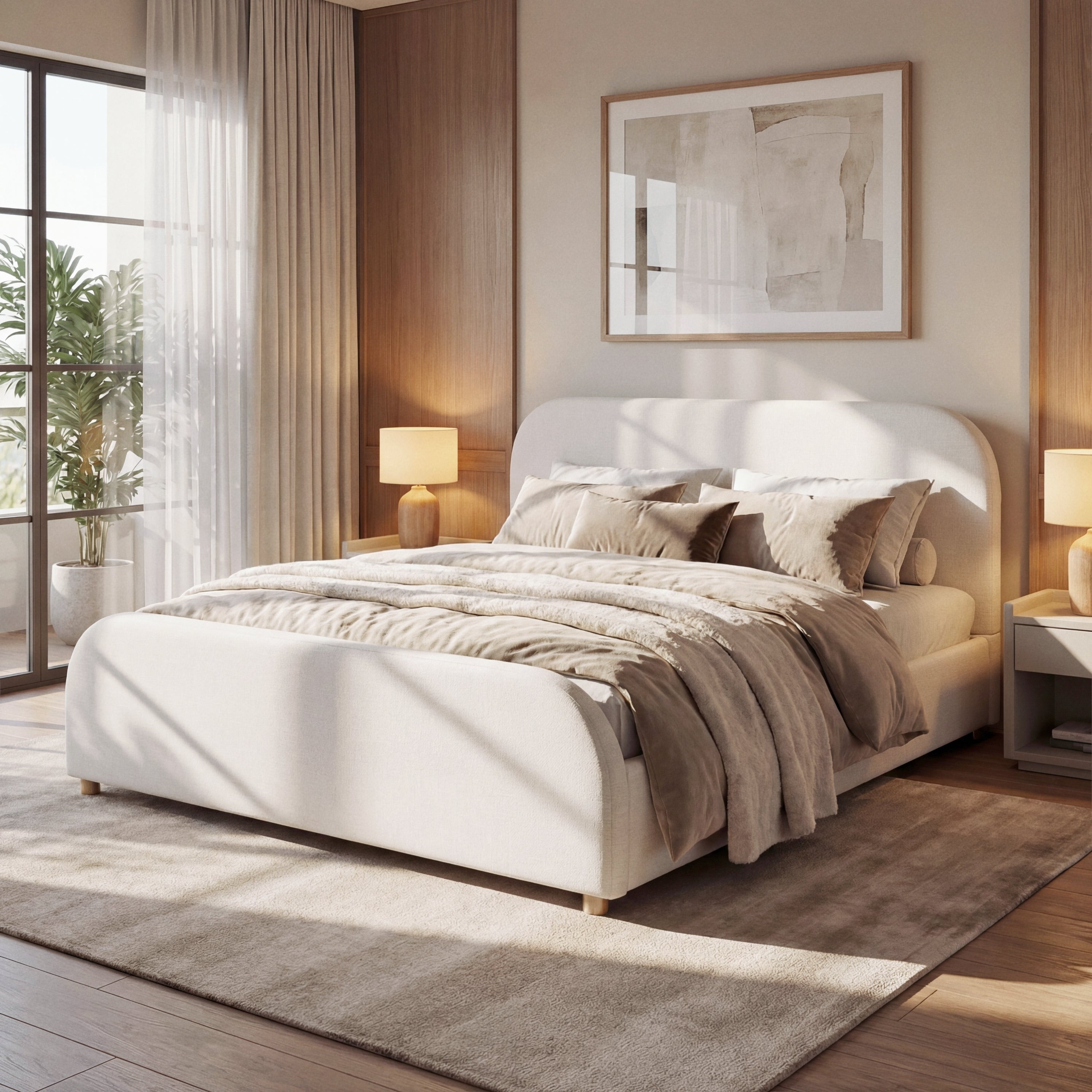 [variant:N859Q000020I] Linen Upholstered Platform Bed with Curved Headboard – Beige image 1