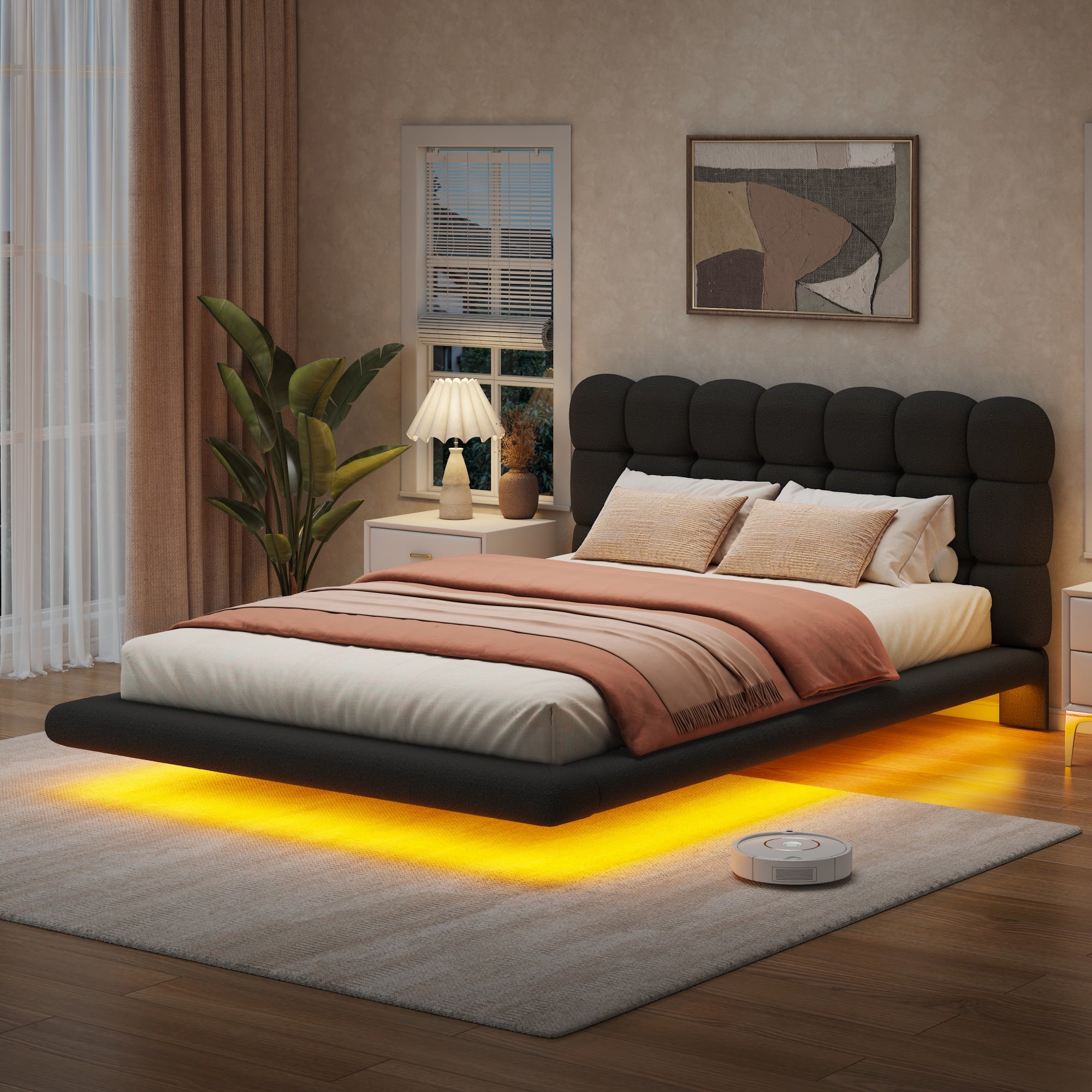 [variant:HS451577AAB] Queen LED Floating Bouclé Platform Bed – Black image 4