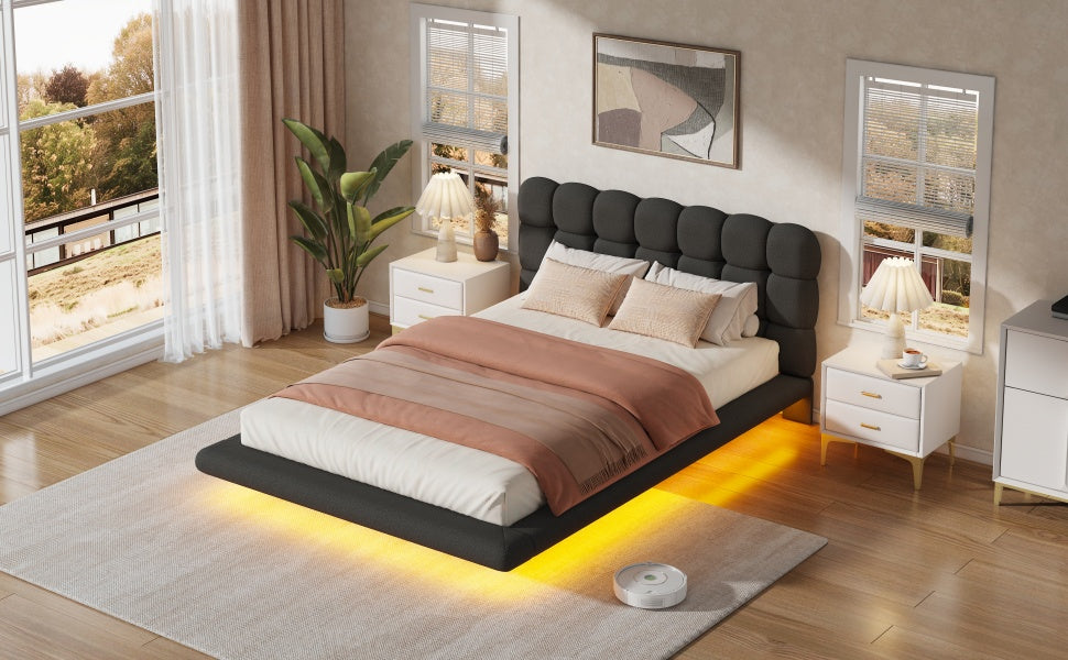 [variant:HS451577AAB] Queen LED Floating Bouclé Platform Bed – Black image 24