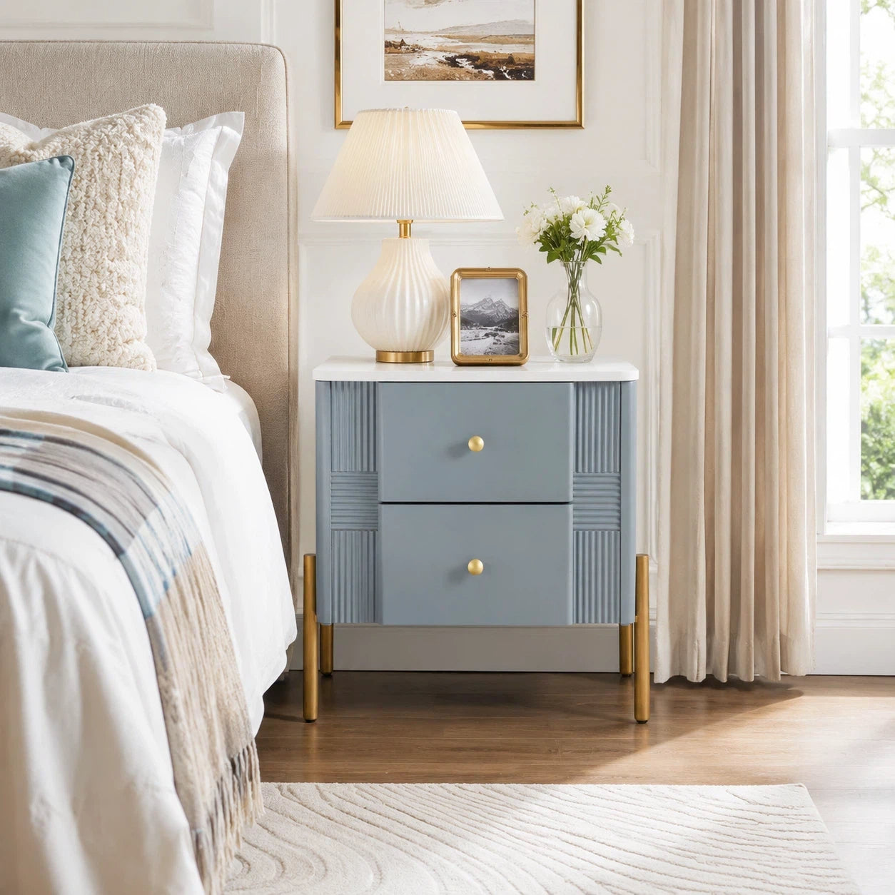 [variant:N856P406686C] Modern 2-Drawer Nightstand with Gold Accents – Blue image 1