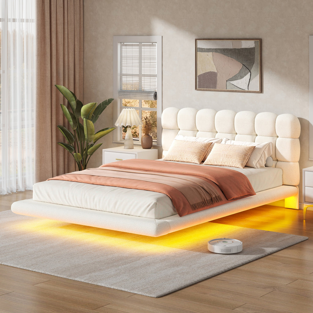 [variant:HS451577AAK] Queen LED Floating Bouclé Platform Bed – Cream White image 2