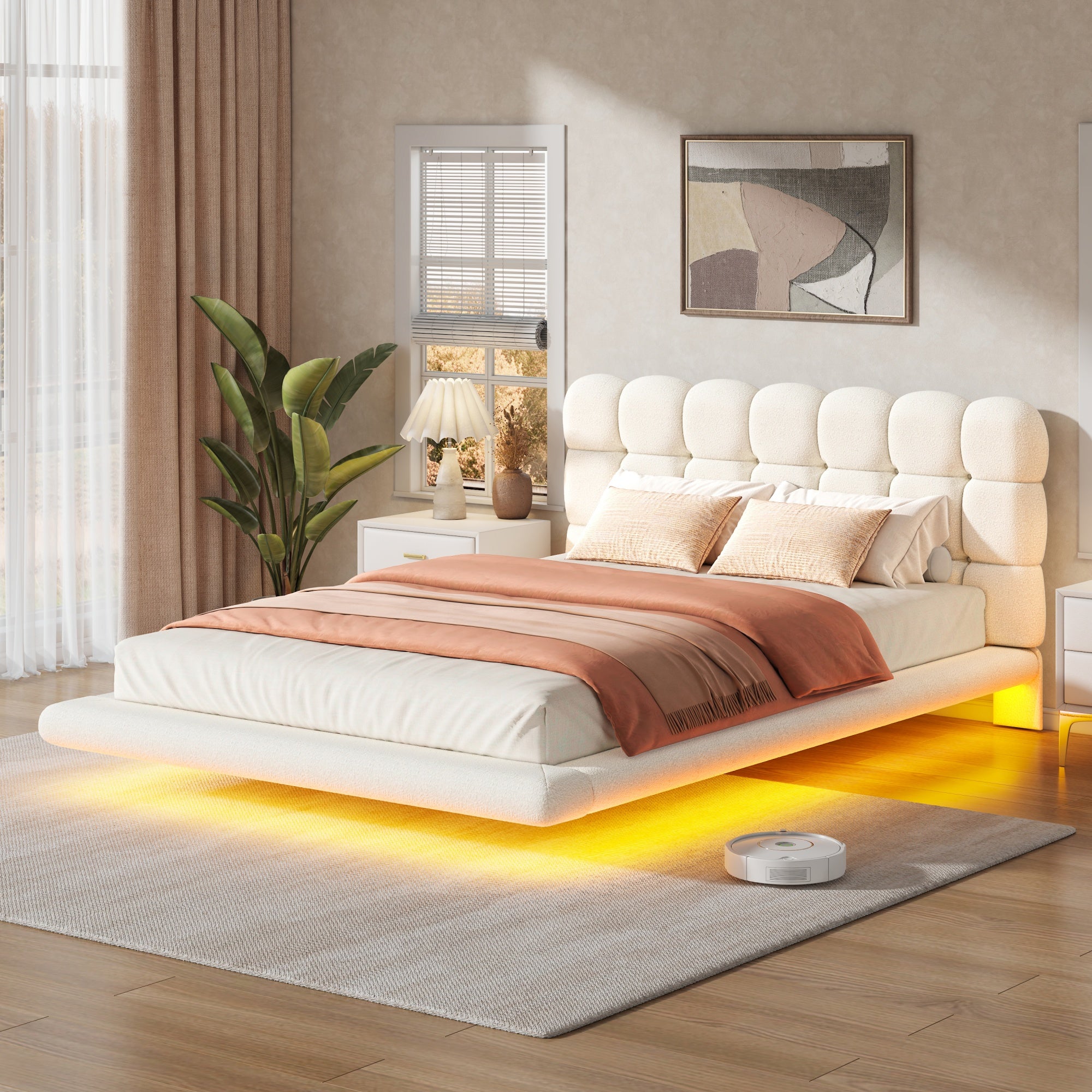 [variant:HS451577AAK] Queen LED Floating Bouclé Platform Bed – Cream White image 2