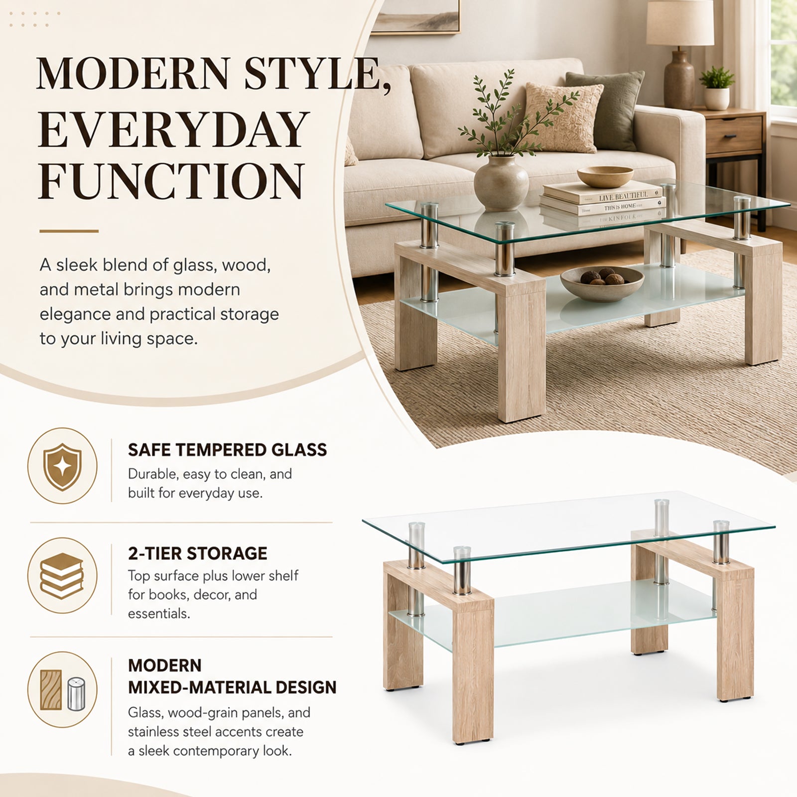 Modern Tempered Glass Coffee Table – Natural or Black — [variant:W3738P364267] Natural image 8