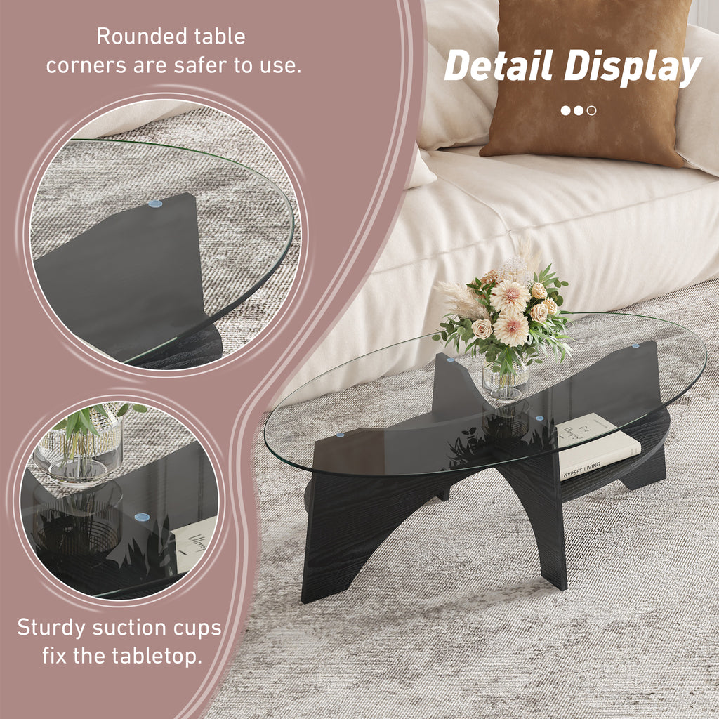 [variant:W3806P404727] Oval Glass Coffee Table with Black Fan-Shaped Base image 6