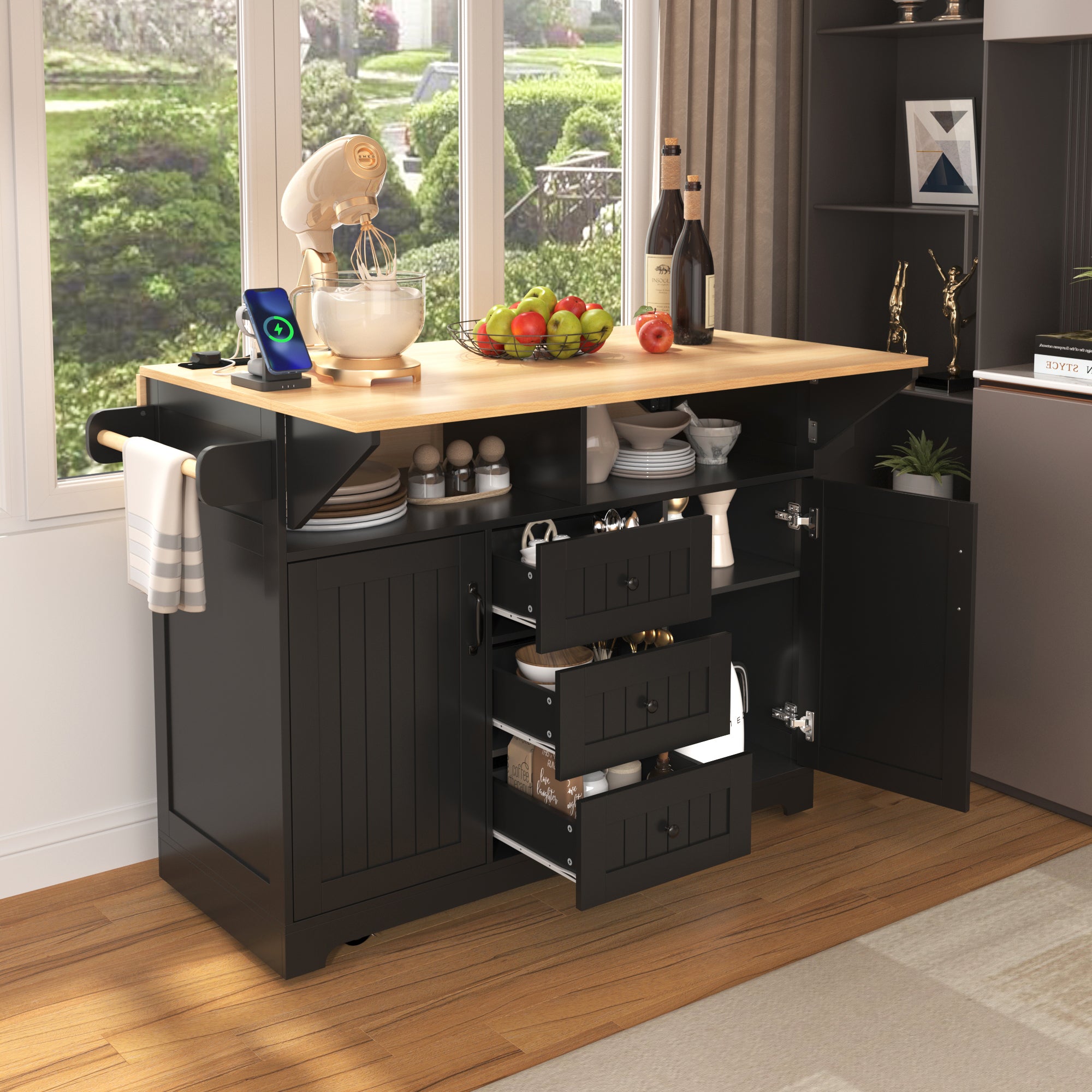 [variant:N853S000006B] Dual-Drop-Leaf Rolling Kitchen Island – Black, 55.75-Inch image 17
