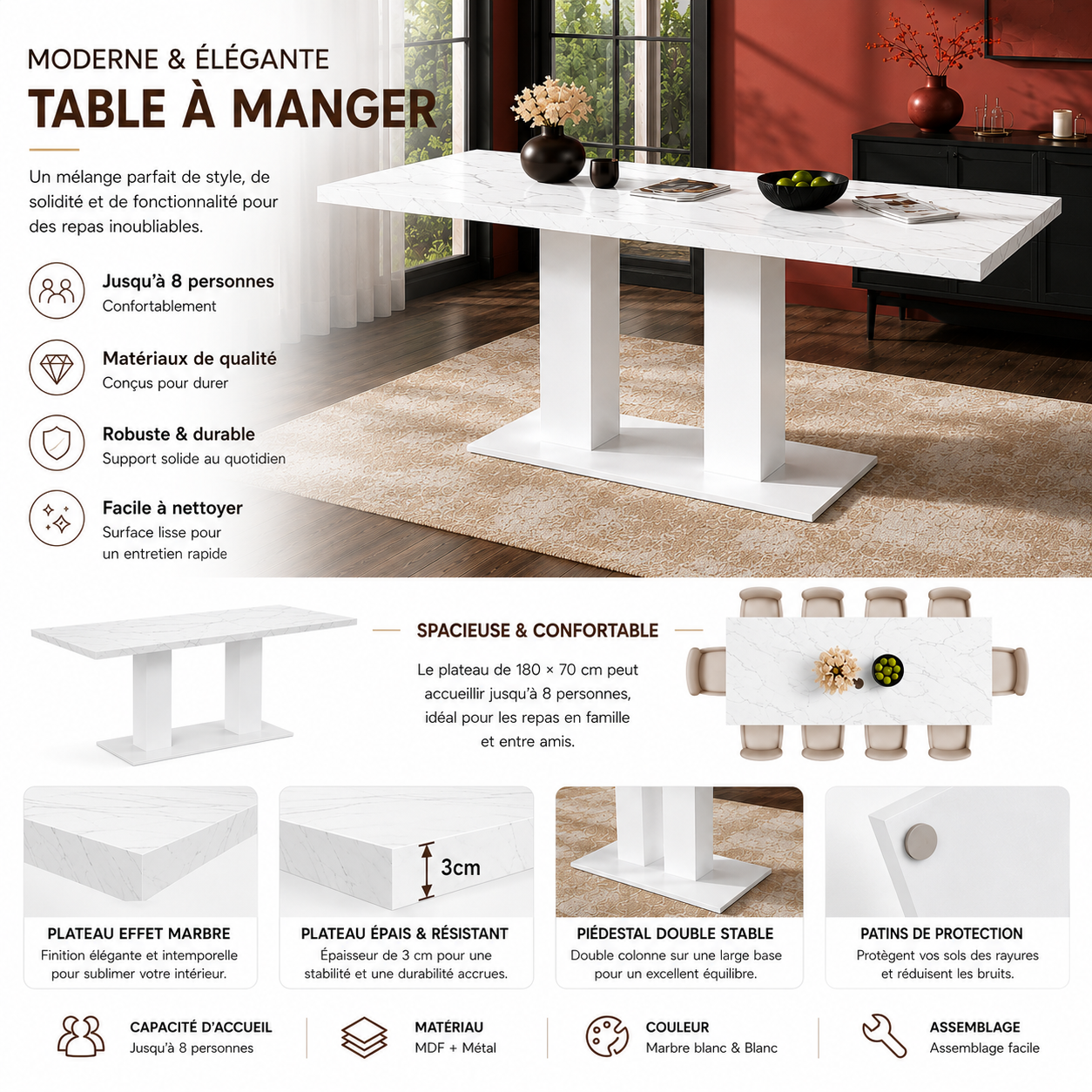 White Marble-Look Dining Table – 71-Inch — [variant:N859P472973W] White Marble image 8