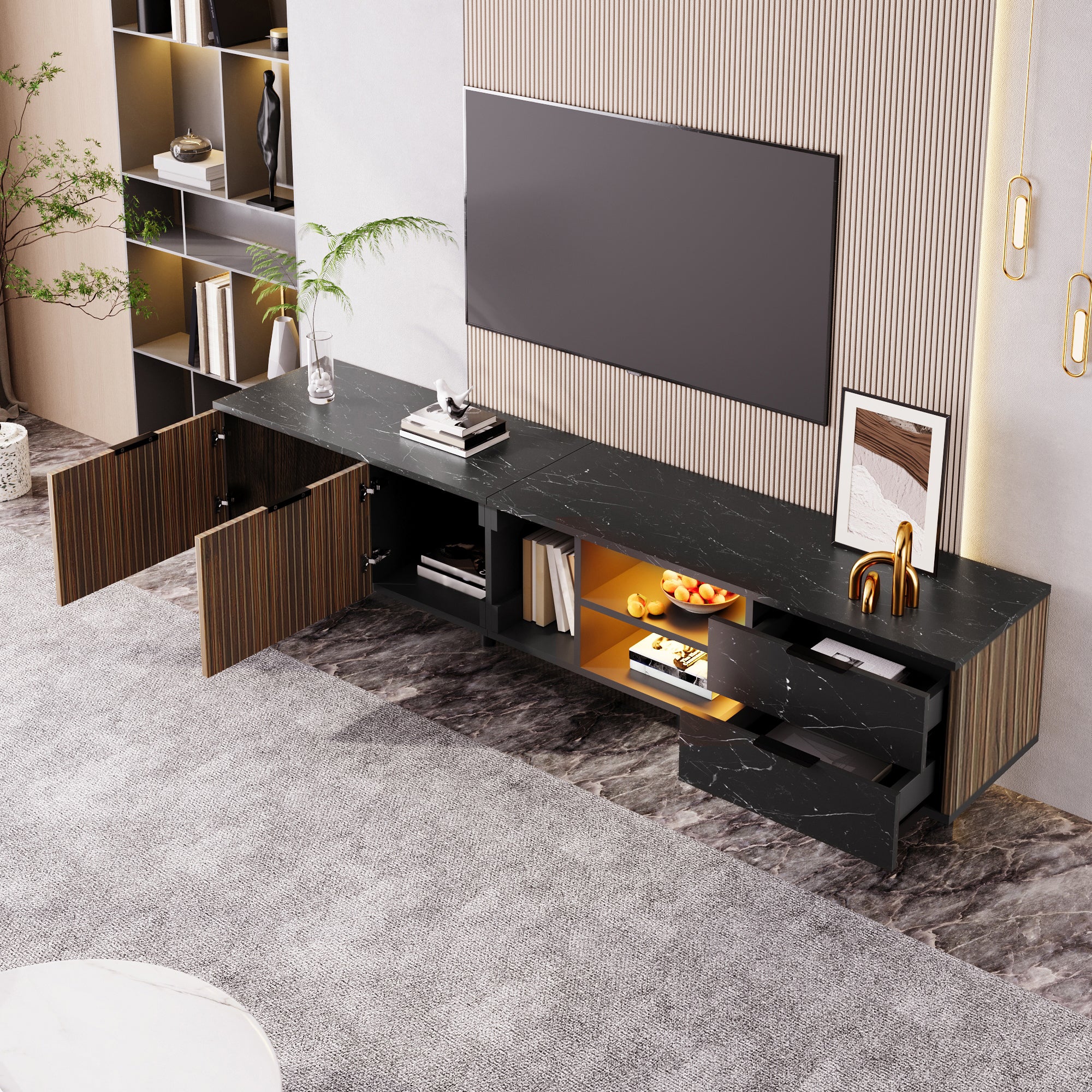 [variant:GA0010N] LED TV Stand with 2 Doors and 2 Drawers – Black Marble and Wood Grain image 8