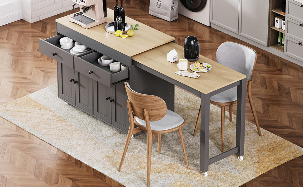 [variant:N853P386264G] Extendable Rolling Kitchen Island with Dining Table – Gray, 74.5-Inch image 7