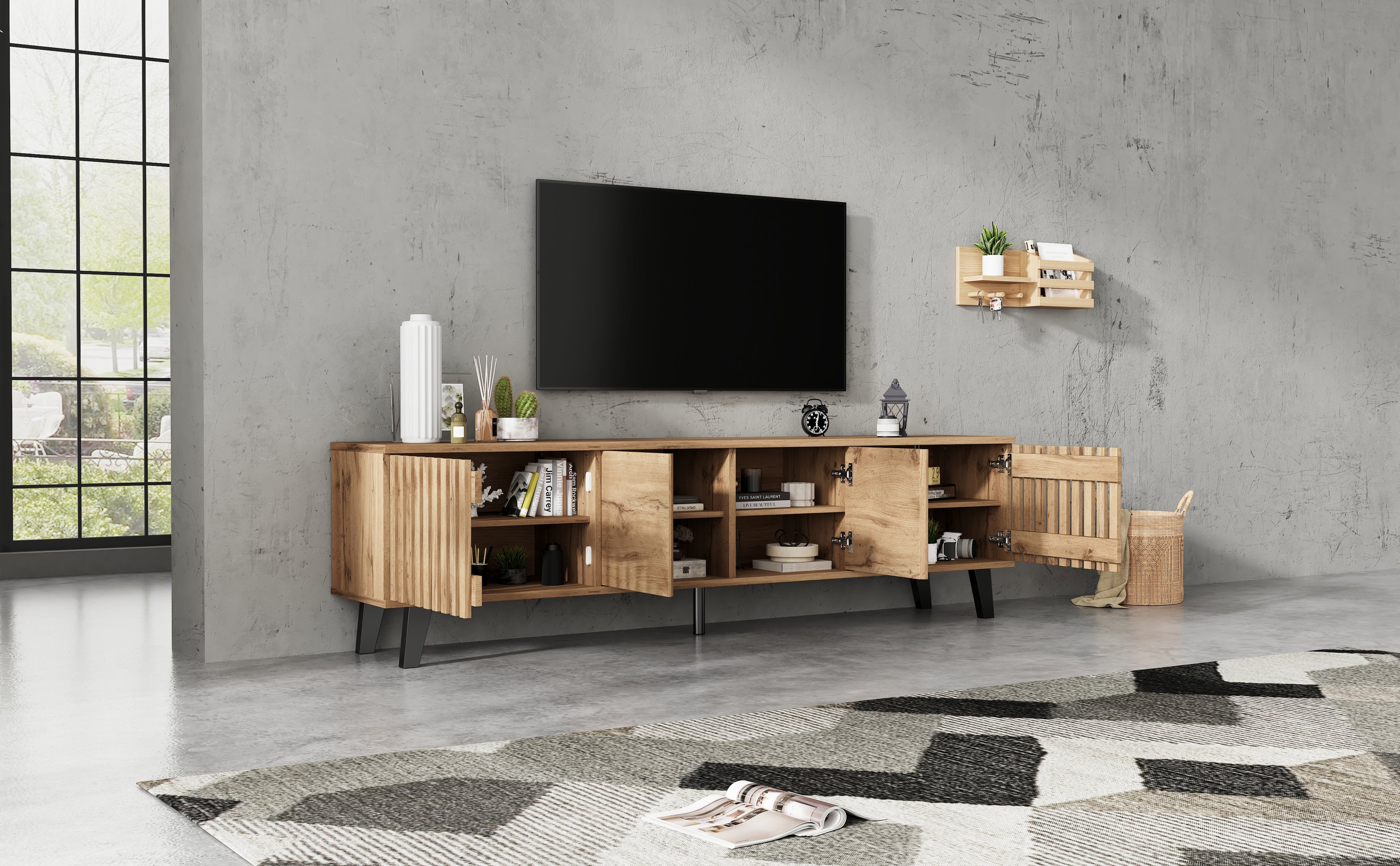 [variant:N892P417182E] 65-Inch Fluted TV Stand with 4 Doors image 5
