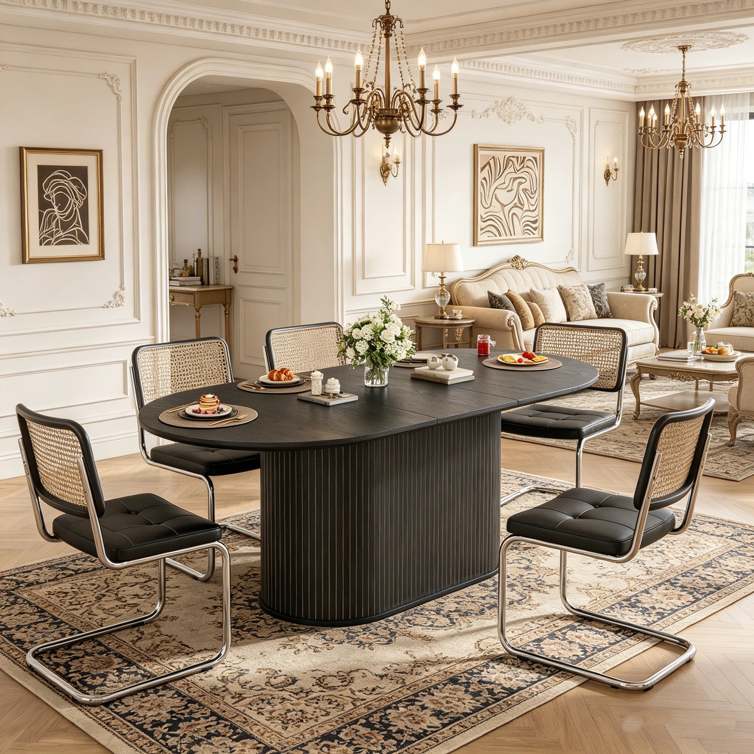 [variant:W3679P462971] Extendable Oval Dining Table with Fluted Legs – 55–71 Inch – Black image 1