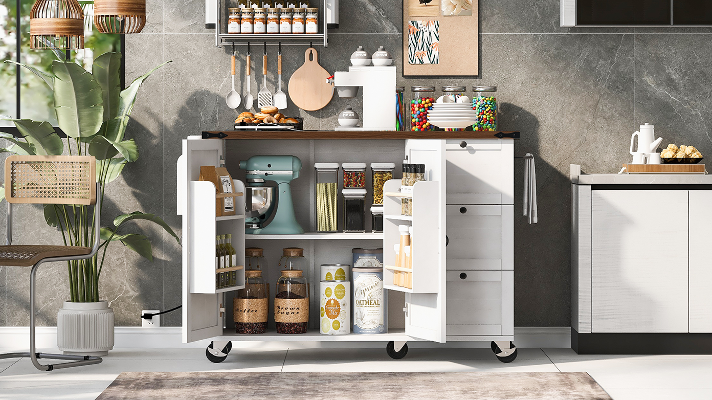 [variant:N853P379579W] Farmhouse Rolling Kitchen Island with Drop Leaf – White, 54.5-Inch image 53