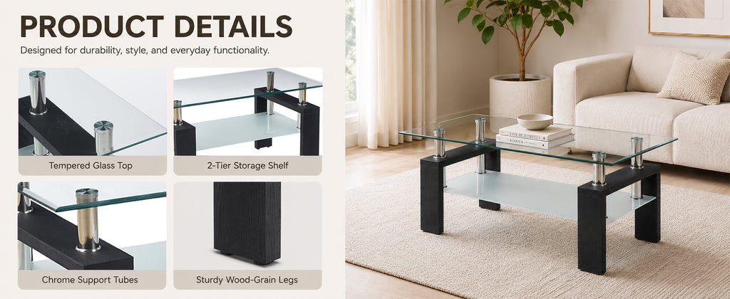 Modern Tempered Glass Coffee Table – Natural or Black — [variant:W3738P499161] Black image 11