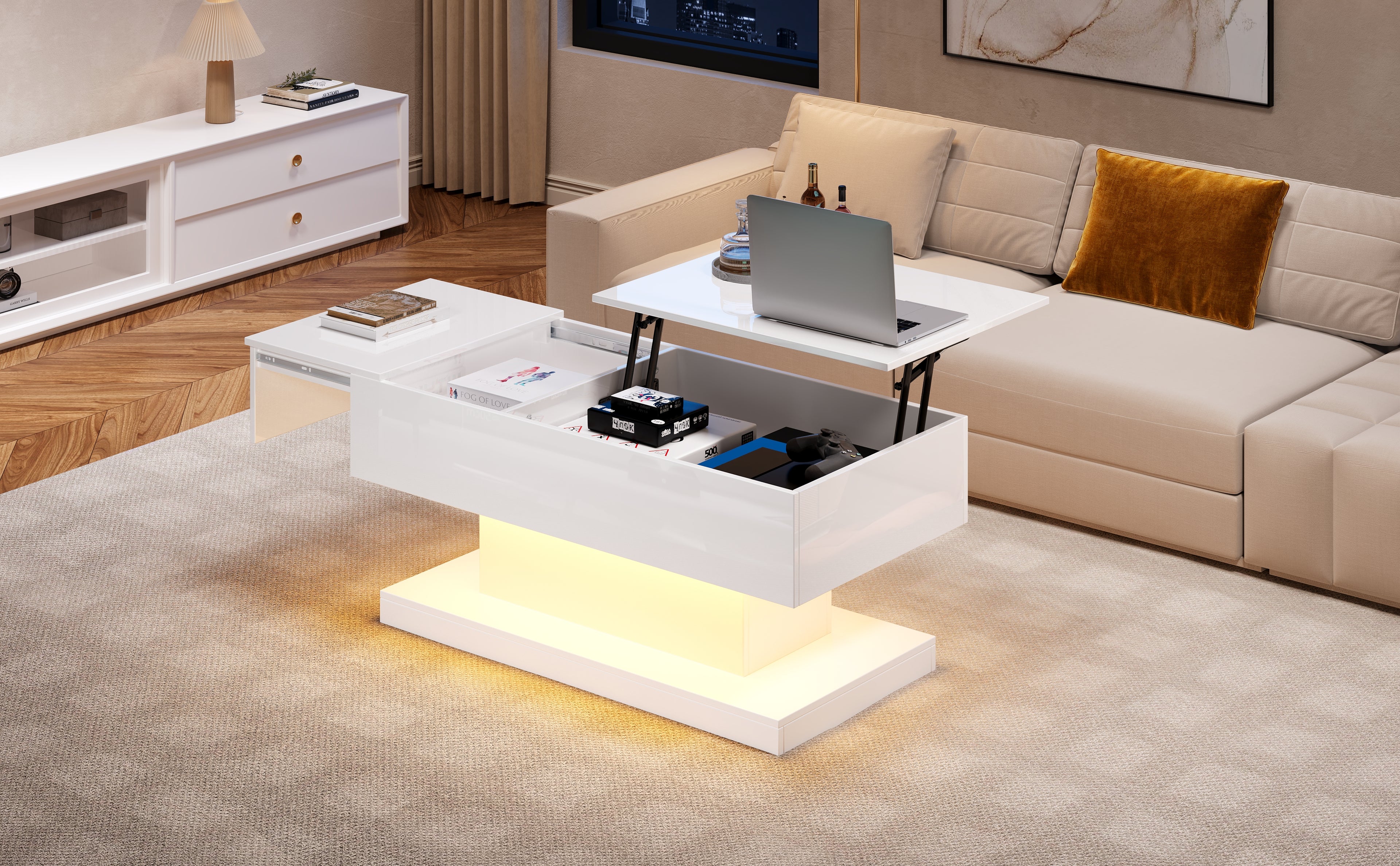[variant:N892P407974W] High-Gloss Lift-Top Coffee Table with LED Lights image 3