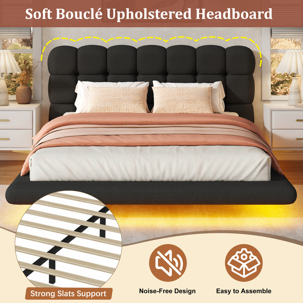 [variant:HS451577AAB] Queen LED Floating Bouclé Platform Bed – Black image 7