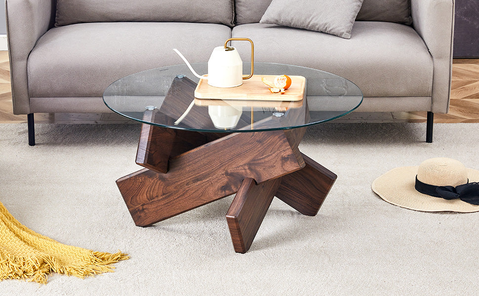 [variant:W3806P404749] Round Glass Coffee Table with Walnut-Finish Base – 33.4-Inch image 18