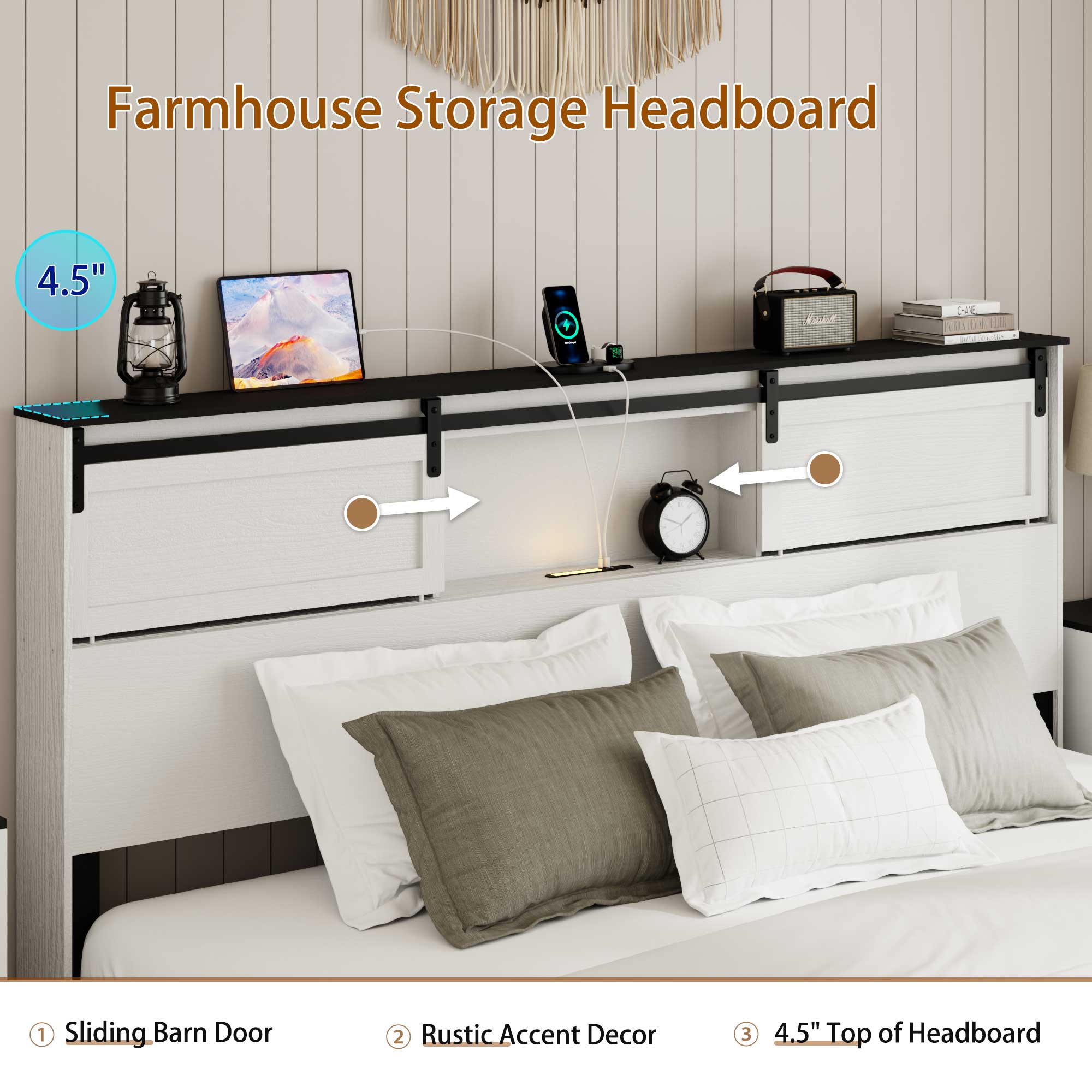 [variant:W5658P486955] Queen Farmhouse Platform Bed with Bookcase Headboard & Charging Station image 10