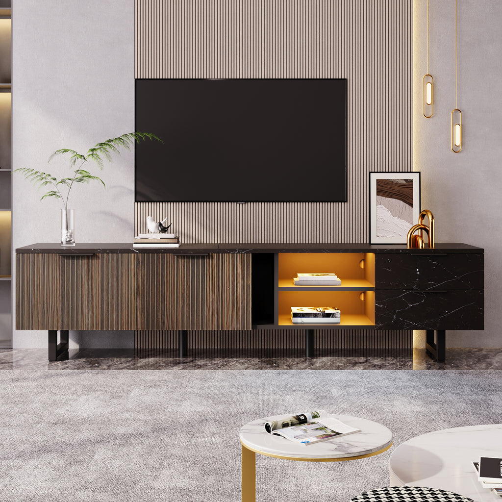 [variant:GA0010N] LED TV Stand with 2 Doors and 2 Drawers – Black Marble and Wood Grain image 7