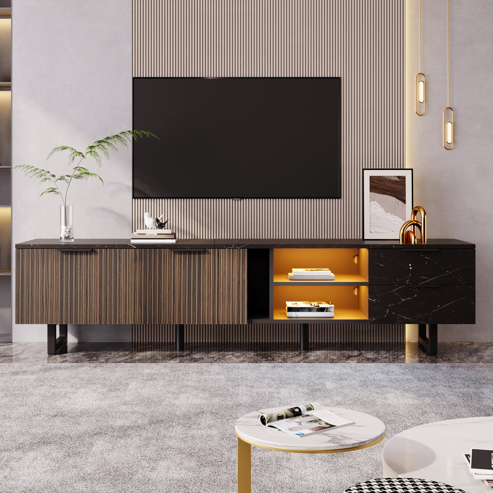 [variant:GA0010N] LED TV Stand with 2 Doors and 2 Drawers – Black Marble and Wood Grain image 7