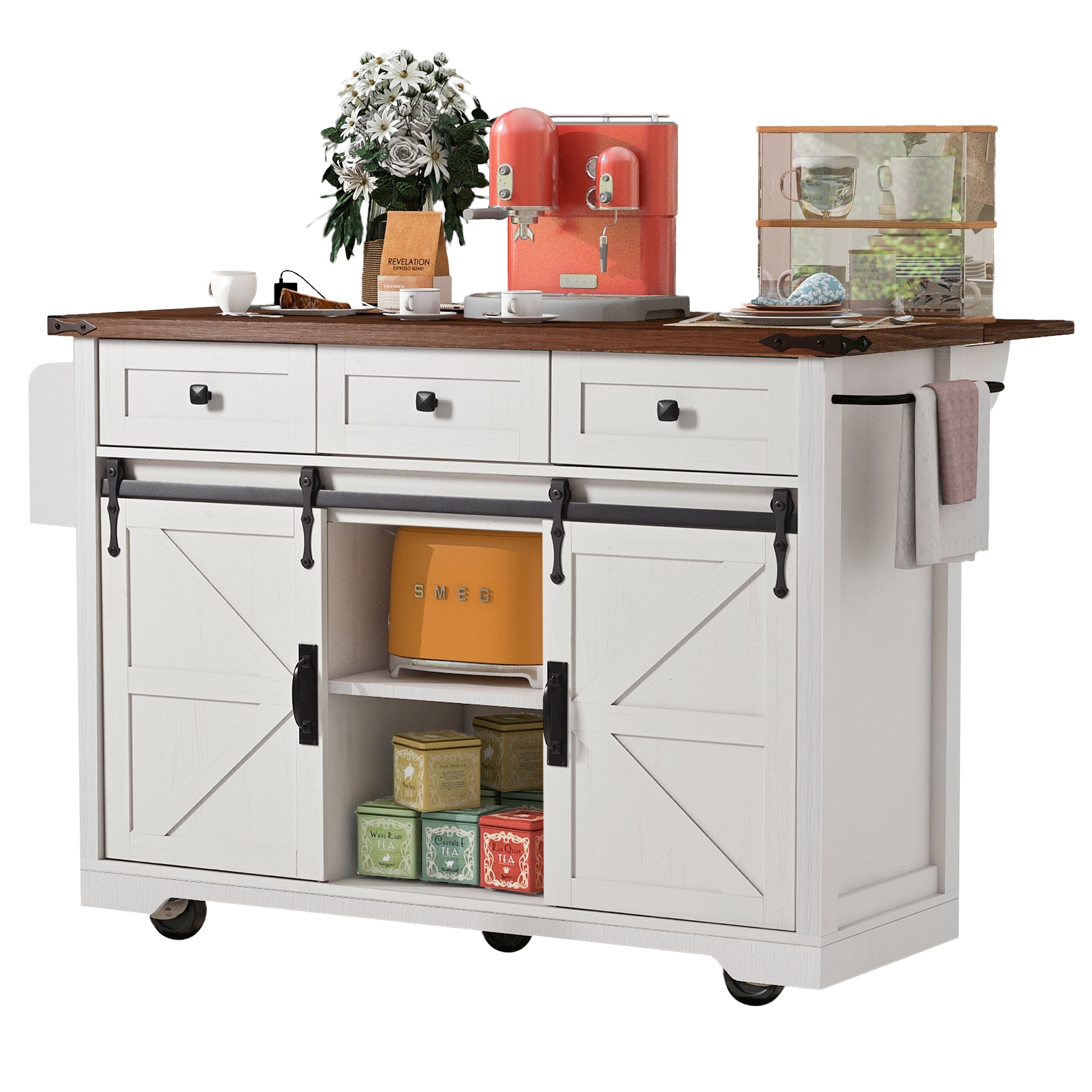 [variant:N853S379573W] Farmhouse Kitchen Island with Drop Leaf, Power Outlet and Sliding Barn Doors – 53.75-Inch image 36