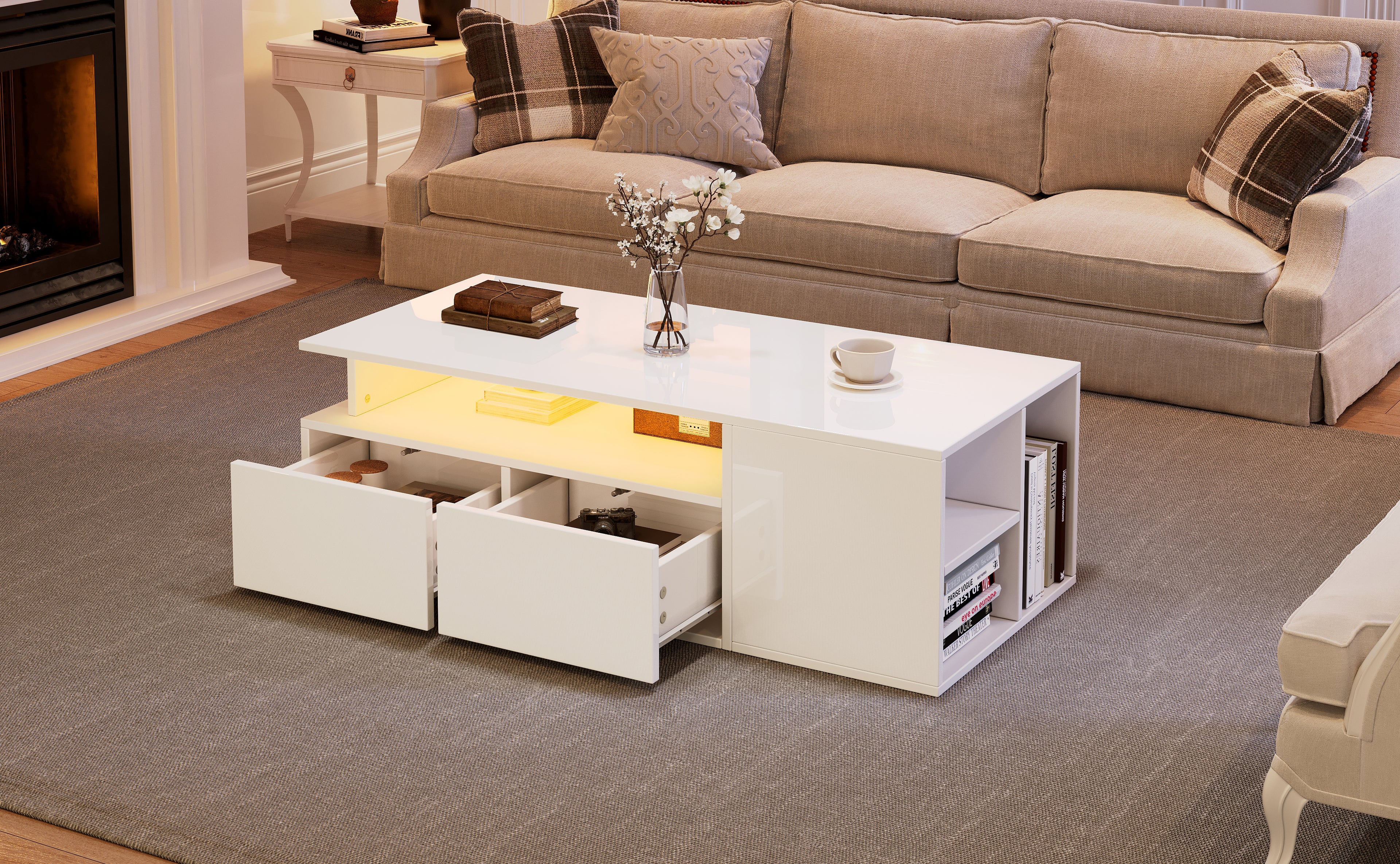 [variant:N892P428788W] High-Gloss LED Coffee Table with Open Storage image 3