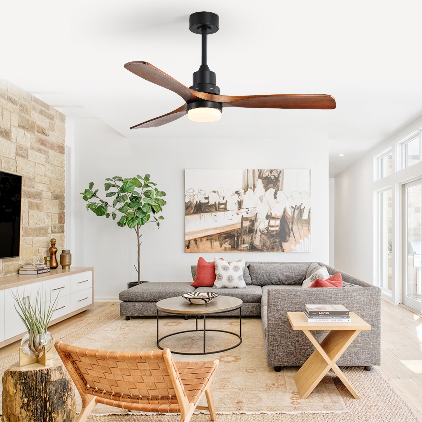 [variant:W5691P514188] Walnut Solid Wood Ceiling Fan with Light & Remote – 52-Inch image 3