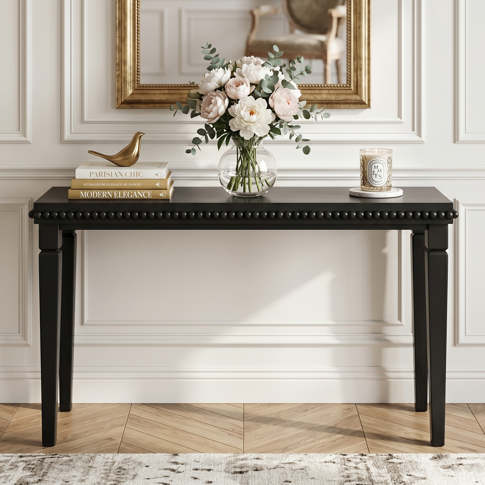 [variant:N876P351928B] Farmhouse Console Table with Beaded Trim – Black image 1