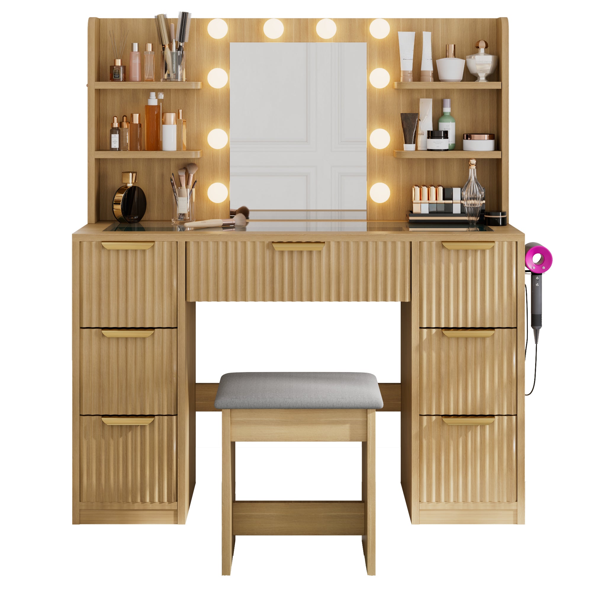 [variant:N881S436333N] Fluted 7-Drawer Vanity Desk with LED Mirror and Stool image 17