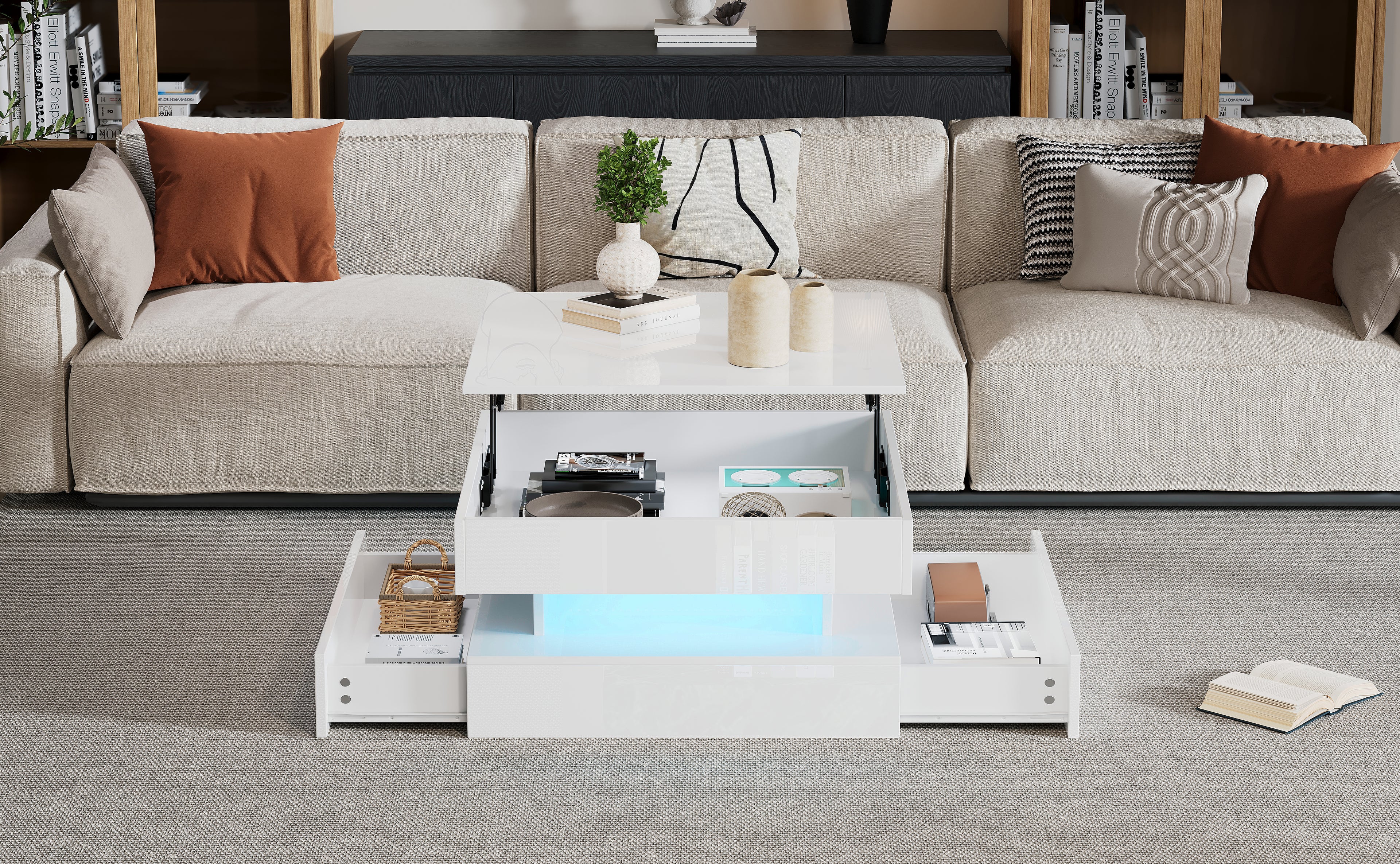 [variant:N892P407973W] White Lift-Top LED Coffee Table with 2 Drawers image 12