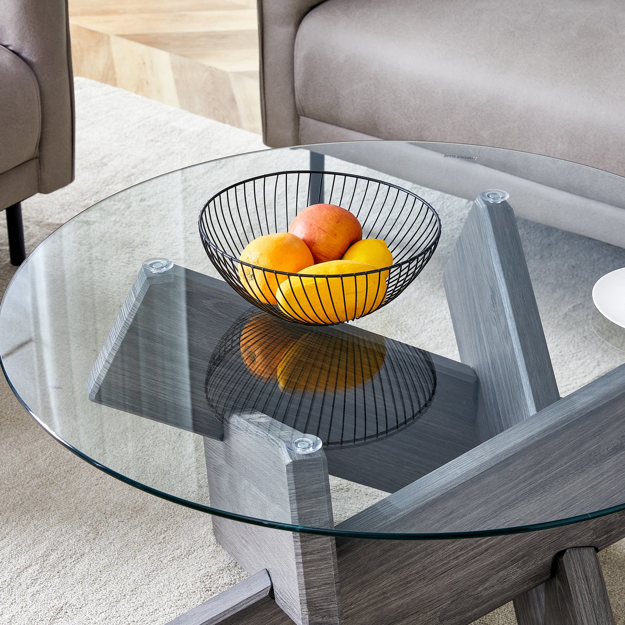 [variant:W3806P404748] Round Glass Coffee Table with Gray Patterned Base – 33.4-Inch image 4