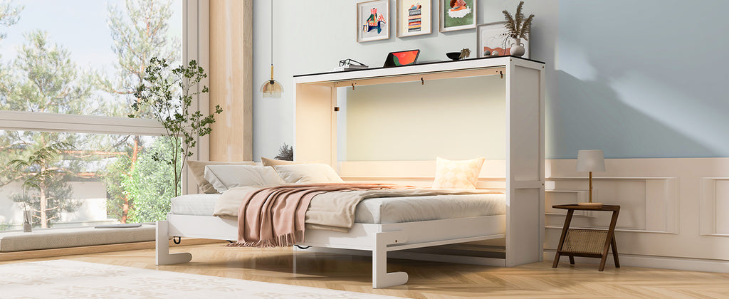 [variant:N8470004035K-1] Queen LED Murphy Bed Cabinet – White and Brown image 8
