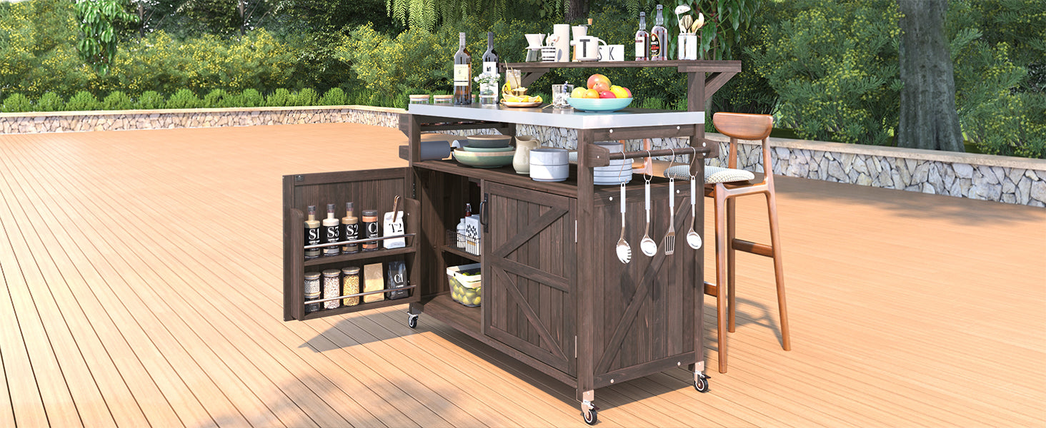 [variant:N853P386135Z] Outdoor Grill Cart with Raised Shelf – Dark Brown, 53.3-Inch image 4
