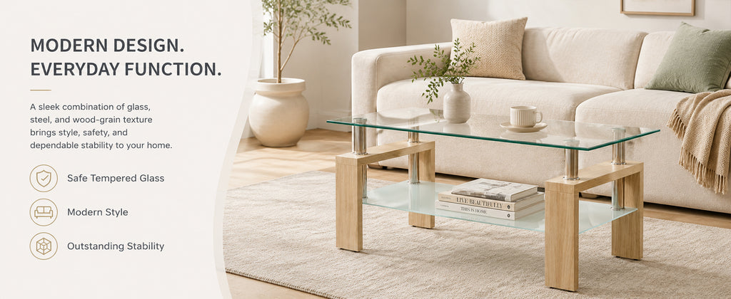 Modern Tempered Glass Coffee Table – Natural or Black — [variant:W3738P364267] Natural image 13