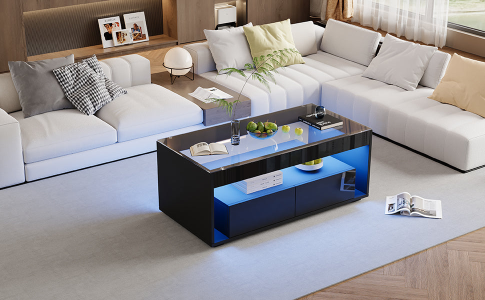 [variant:N892P428787B] High-Gloss LED Coffee Table with Glass Top and Drawers image 27