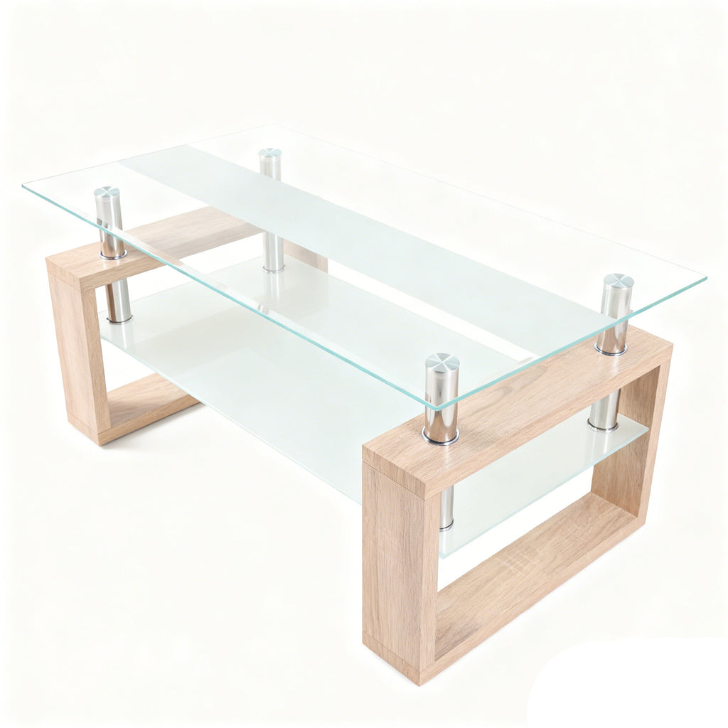 2-Tier Rectangular Tempered Glass Coffee Table — [variant:W3738P499156] Natural,Transparent image 9