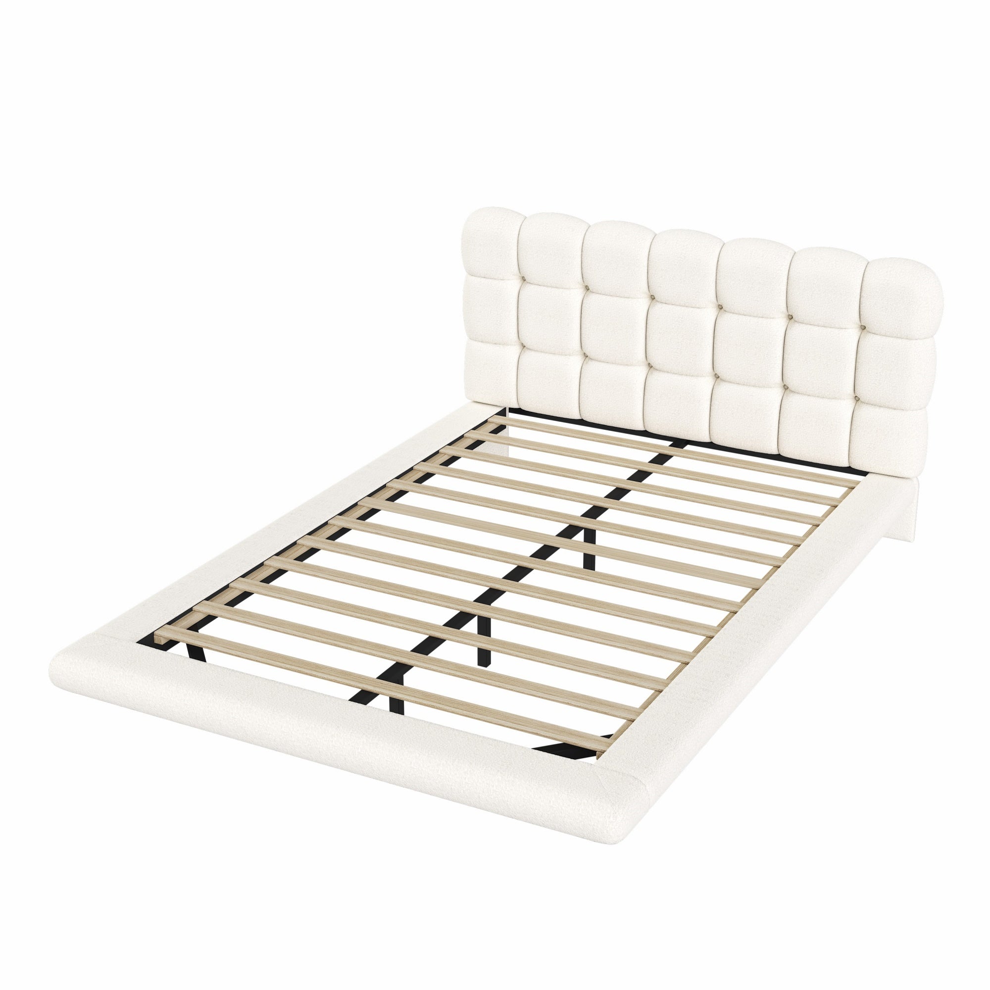 [variant:HS451577AAK] Queen LED Floating Bouclé Platform Bed – Cream White image 13
